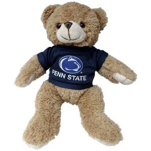 brown plush stuffed bear wearing navy t-shirt with white Athletic Logo and Penn State